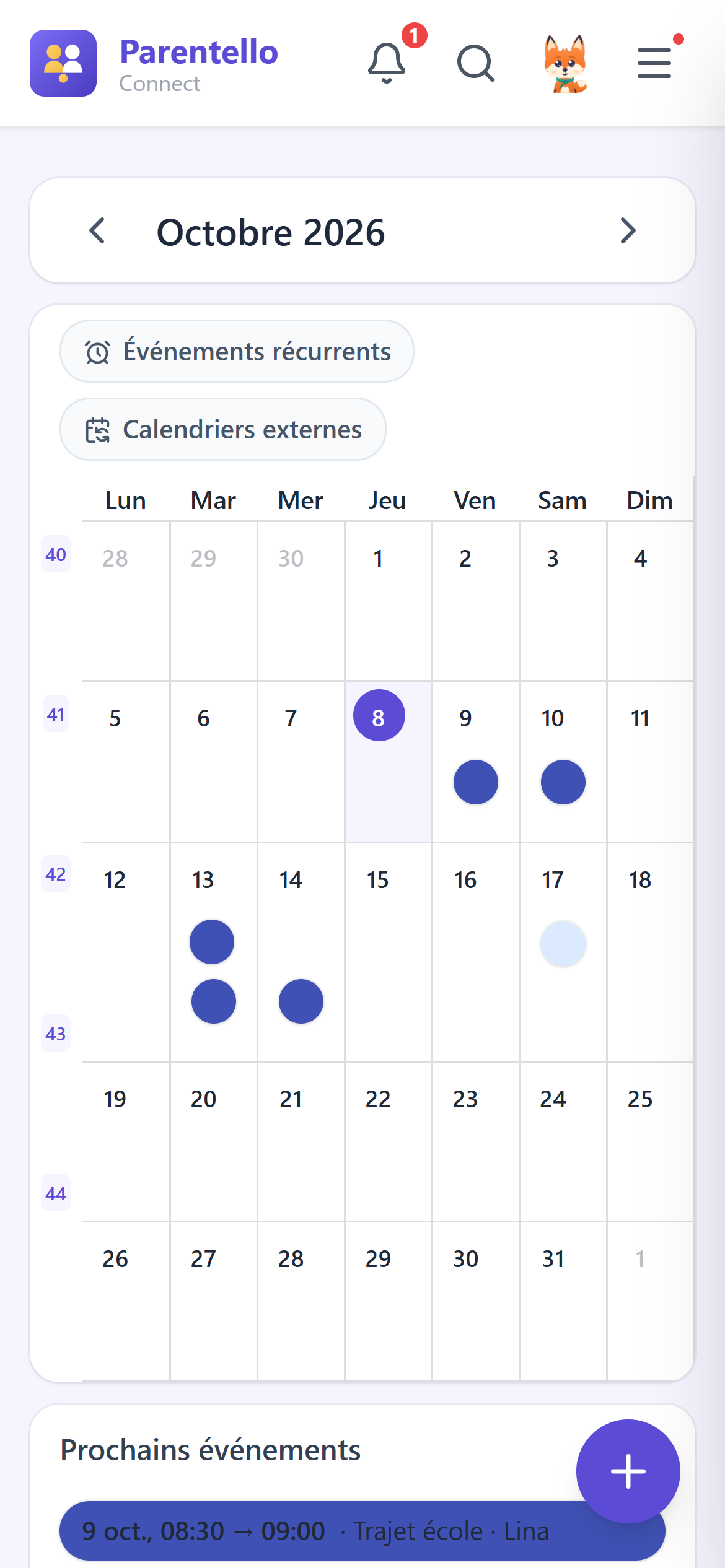 Capture du calendrier Parentello : octobre 2026 et événements repérés dans le mois.
